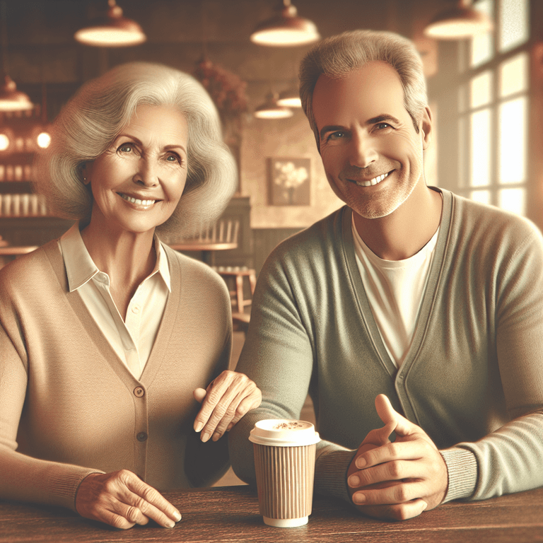 A 3D rendering of a confident senior couple, with the woman being Caucasian and the man being Hispanic, both smiling and engaged in casual conversation at a cozy café. The warm ambiance features inviting decor, gentle lighting, and symbols of companionship, creating a comforting representation of their loving relationship.