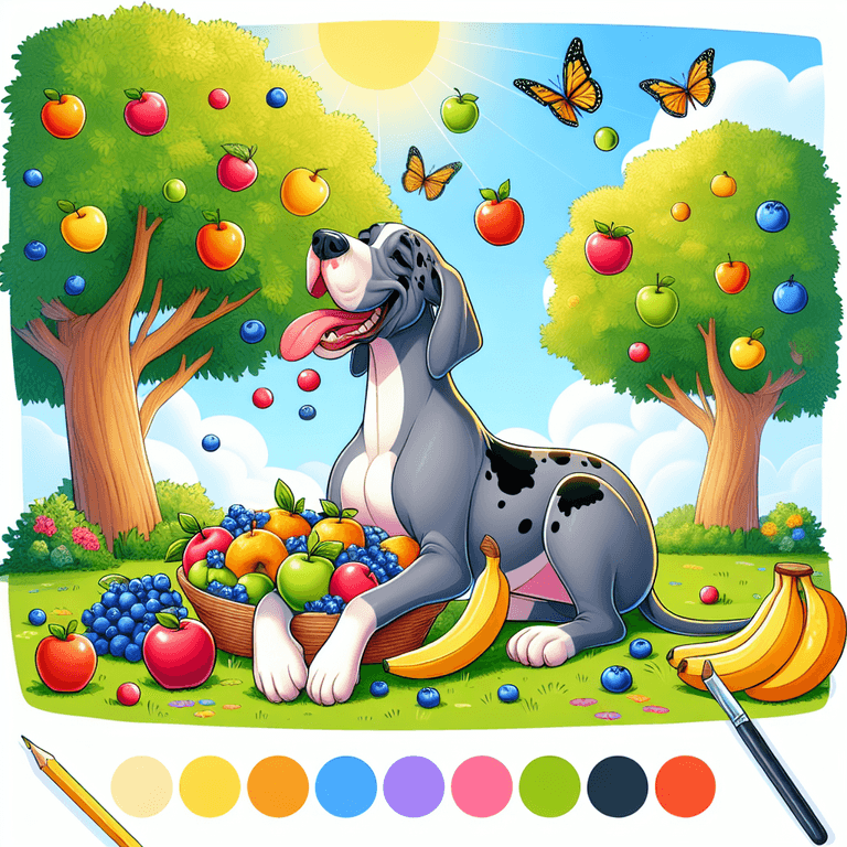 Fruits Your Great Dane Will Eat-A joyful cartoon-style Great Dane dog happily feasting on a variety of fruits, including apples, bananas, and blueberries, in a cheerful park setting. The dog is basking under warm sunshine, surrounded by vibrant fruit-bearing trees and playful butterflies fluttering around, creating a picturesque scene that highlights the joy of nutritious diets for pets.
