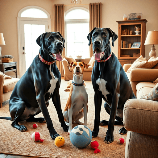 Two Great Danes playfully interacting in a cozy living room, showcasing their size and gentle nature. The warm setting is filled with inviting furniture and toys.