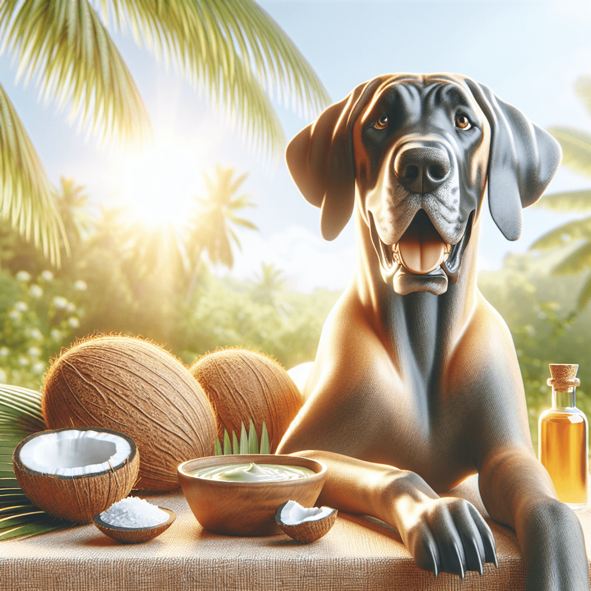 A joyful Great Dane with a glossy coat lounging in a sunlit outdoor setting, surrounded by a few coconuts and a small bowl of coconut oil, conveying a sense of wellness and organic care for pets.