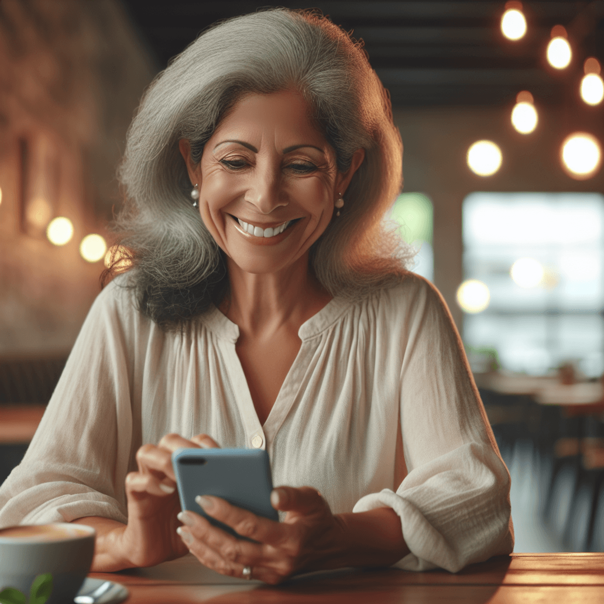 A cheerful Hispanic lady in her 60s, smiling confidently while using her smartphone at a cozy café table. Soft glowing lights create a warm atmosphere, with a coffee cup placed beside her. The modern café setting reflects a sense of digital connectivity and companionship.