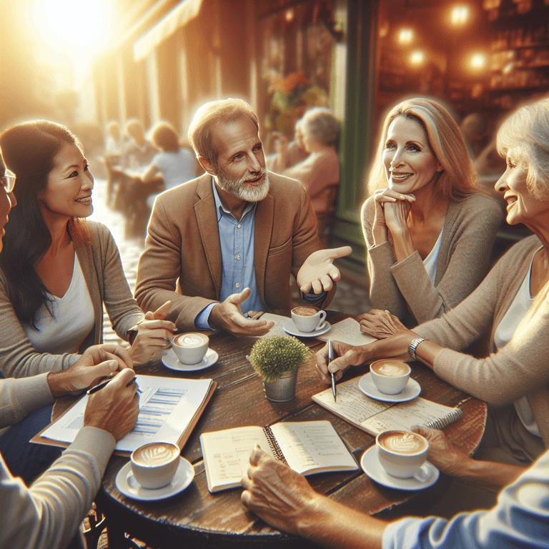 A group of mature adults, including a Caucasian woman and an Asian man, sitting at a quaint café table engaged in a conversation about finance. They have open notebooks and coffee cups on the table, surrounded by a warm and friendly atmosphere that highlights the importance of discussions in relationships for those over 50. The scene captures their expressions of interest and camaraderie, with soft lighting enhancing the inviting setting.