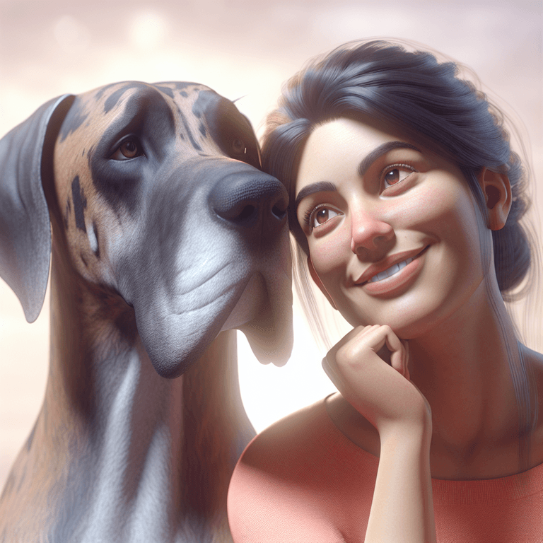 A 3D rendered image of a warm and comforting scene featuring a Great Dane sitting beside a contemplative person of Hispanic descent, who has a gentle smile. The person is gently petting the dog, showcasing their emotional connection. The background is soft and inviting, with warm hues that enhance the supportive atmosphere, emphasizing the bond between them.