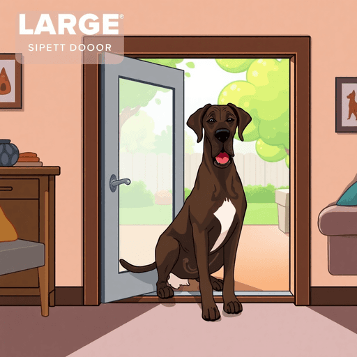 A cartoon-style image of a large, sturdy pet door for a Great Dane in a cozy living room, showcasing durability and security, with a cheerful atmosphere.