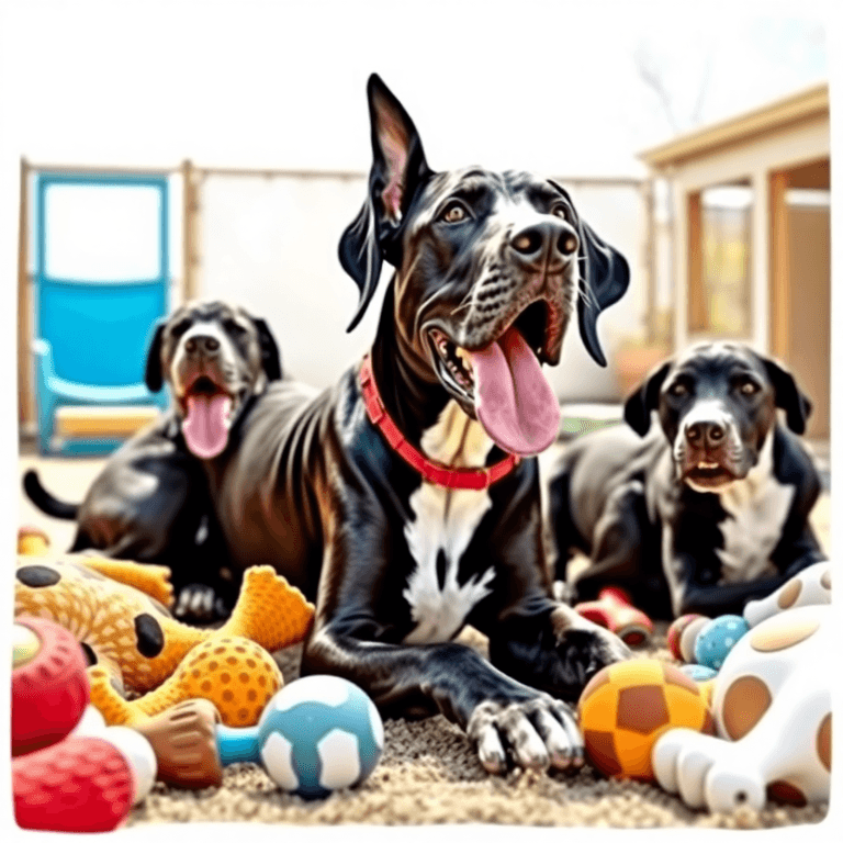A playful Great Dane surrounded by large, colorful dog toys in a sunny outdoor space, capturing the joyful spirit of this gentle giant.