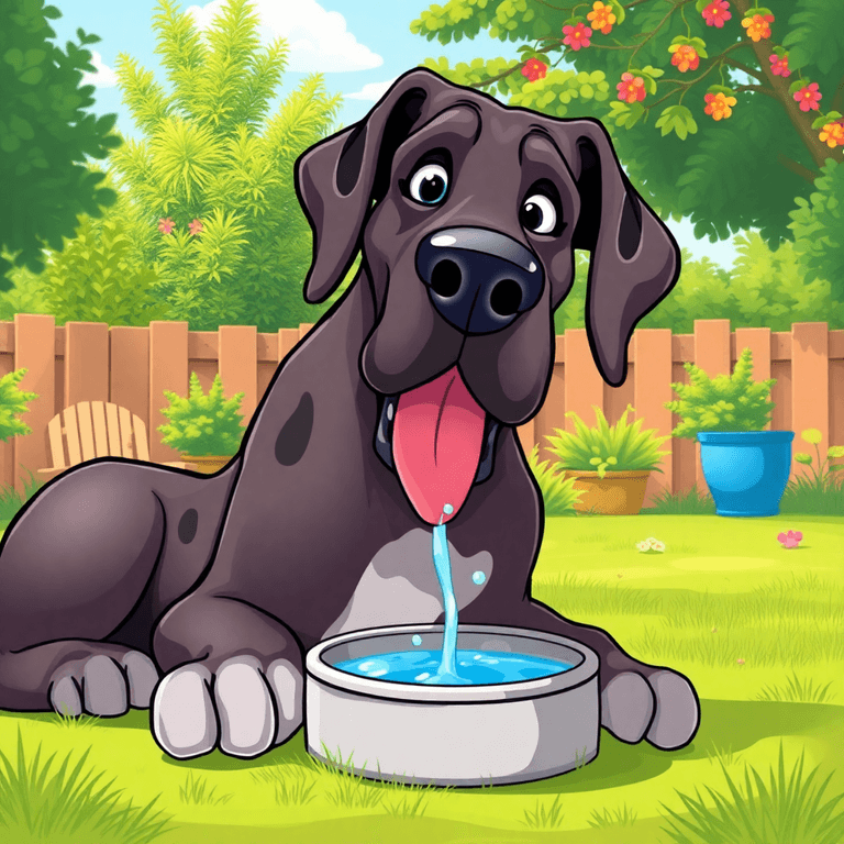 A cheerful cartoon Great Dane drinks from a bowl in a sunny backyard, surrounded by lush greenery, capturing the essence of hydration and playfulness.