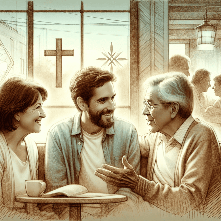 A pencil drawing depicting a Caucasian woman, a Hispanic man, and an Asian man engaged in a warm conversation in a cozy café, with subtle religious symbols like a faint cross and a less visible star of David in the background, illustrating the theme of religion influencing relationships and evoking feelings of understanding and connection.