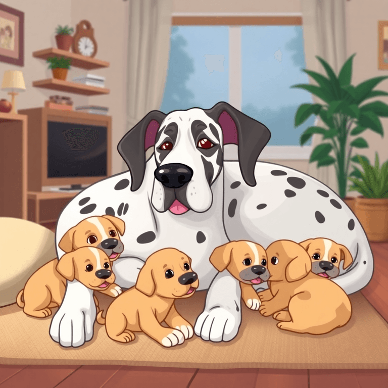 A cartoon Great Dane relaxes in a cozy home, surrounded by playful puppies, all set in a warm and cheerful atmosphere, showcasing their loving companionship.