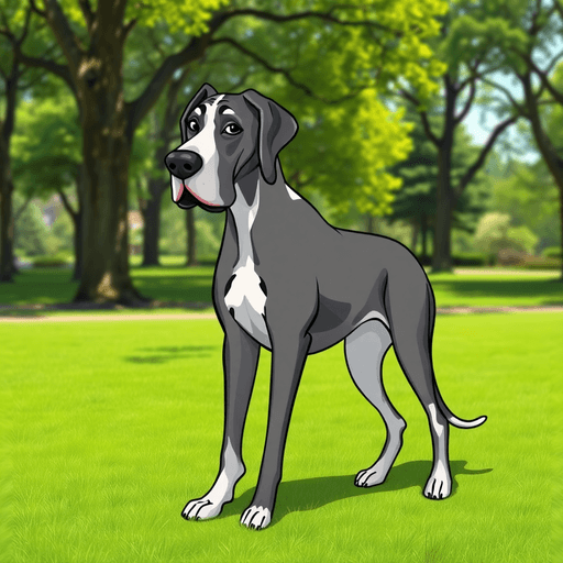 A cartoon-style Great Dane standing gracefully in a sunny park, surrounded by green grass and trees, showcasing its friendly expression and majestic size.