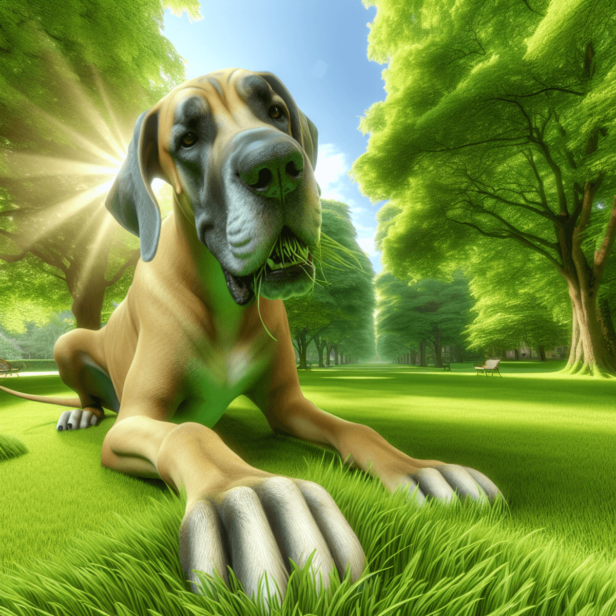 A friendly Great Dane playfully eating grass in a sunny park, surrounded by lush green grass and towering trees, showcasing its large size and gentle demeanor.