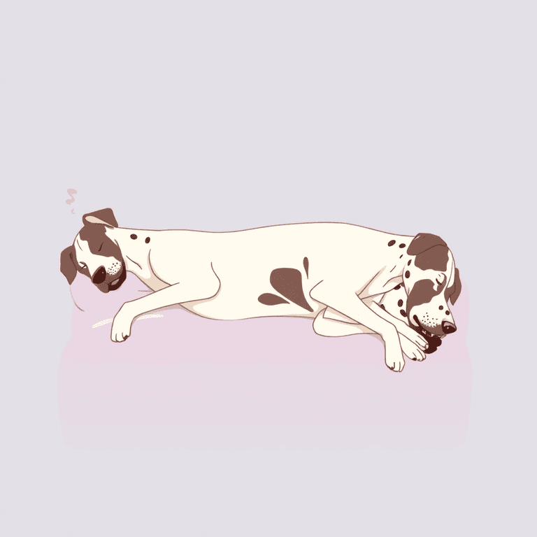 A minimalist illustration of a Great Dane sleeping in various funny poses on a soft bed, set against a simple, calming background that highlights its gentle nature.