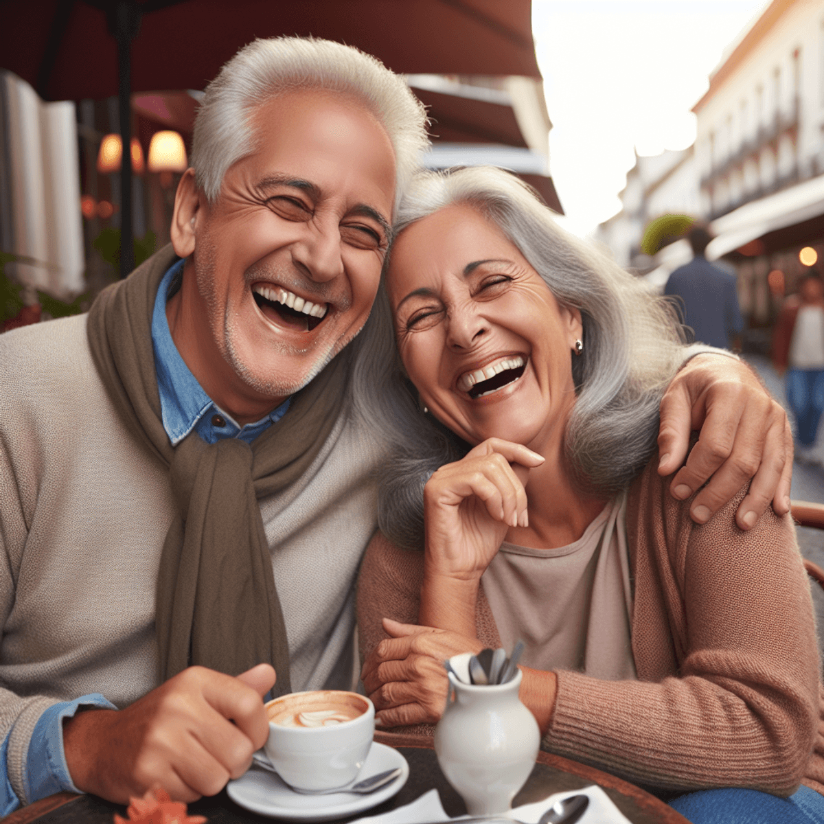 An older Hispanic couple sitting at a cozy outdoor café table, smiling and laughing together while sharing a meal. The man has gray hair and wears a casual button-up shirt, while the woman has long silver hair tied back and is dressed in a colorful blouse. Plates of food and two glasses of wine are on the table, along with a small vase of flowers. Soft sunlight filters through nearby trees, creating a warm and inviting atmosphere that highlights their joyful connection and companionship in later life.