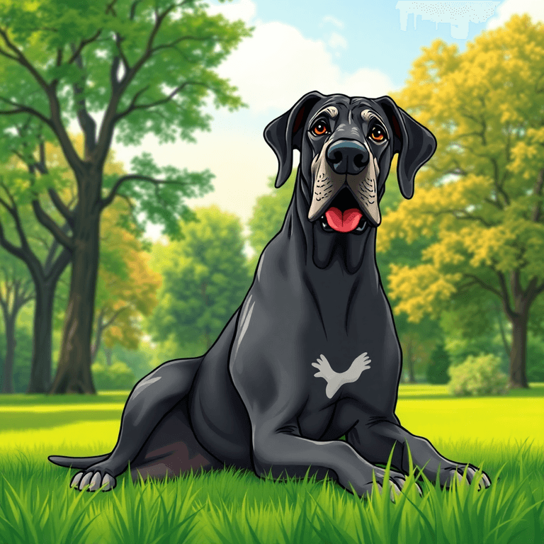 A cartoon-style close-up of a Great Dane sitting in a vibrant green park, showcasing its large size, sleek coat, and friendly expression under sunny skies.