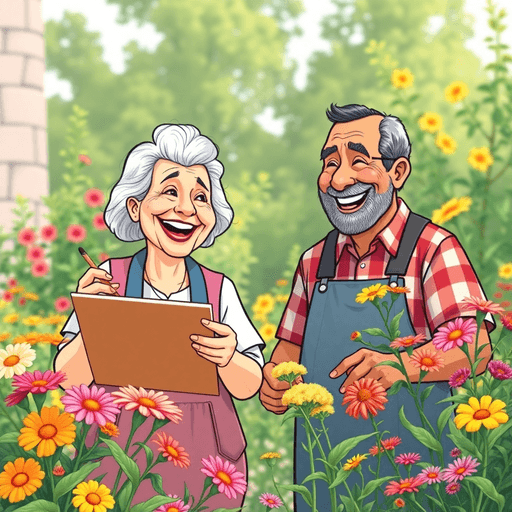 A joyful elderly couple engaged in a fun outdoor activity, surrounded by vibrant flowers and greenery, symbolizing love and adventure in senior dating, illustrated in a cartoon style.