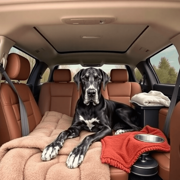 A spacious car interior with plush seating for a Great Dane, featuring a cozy blanket and water bowl, conveying warmth and excitement for travel.