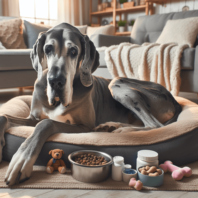 A digital art representation of a majestic Great Dane, symbolizing the topic of caring for an aging Great Dane.