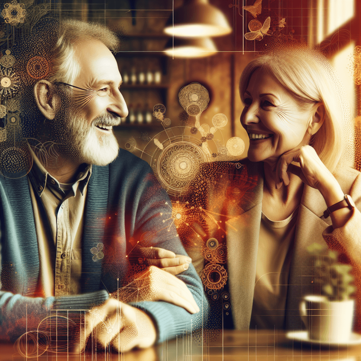 A happy mature Caucasian couple sitting closely together in a cozy café, both smiling genuinely while engaged in a deep conversation. The warm colors of the café's decor create an inviting ambiance, with soft lighting and comfortable furnishings that enhance the intimate atmosphere. Their body language suggests a strong connection, with their hands possibly resting on the table, indicating comfort and compatibility in their relationship. The background features subtle details like potted plants and artwork that further evoke a sense of warmth and togetherness.