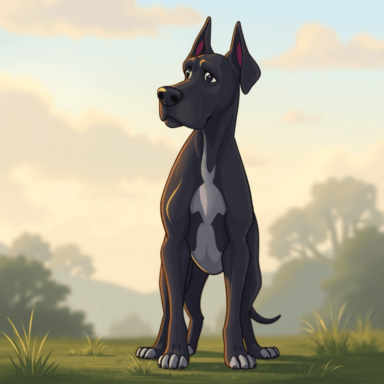 A cartoon-style Great Dane stands gracefully in a serene setting, exuding strength and loyalty, surrounded by soft lighting that enhances its noble presence.