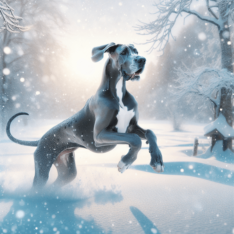 A majestic Great Dane joyfully playing in a winter landscape, surrounded by soft, fluffy snow. The dog is depicted in a playful pose, bounding through the snow with falling snowflakes adding a magical touch. Its impressive size and sleek coat contrast beautifully against the pure white backdrop, while soft light creates a warm atmosphere, highlighting the dog's comfort and happiness in the snowy scene.