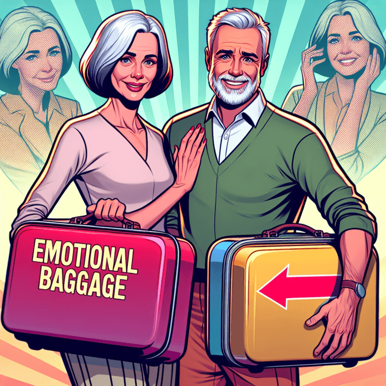 A cheerful Middle-aged Caucasian man and a Hispanic woman stand together, each holding an oversized, brightly colored suitcase symbolizing 'Emotional Baggage'. They wear uplifting expressions, radiating optimism as they prepare to address past emotional issues. The vibrant backdrop conveys hope and renewal, reflecting the theme of dating after 50.