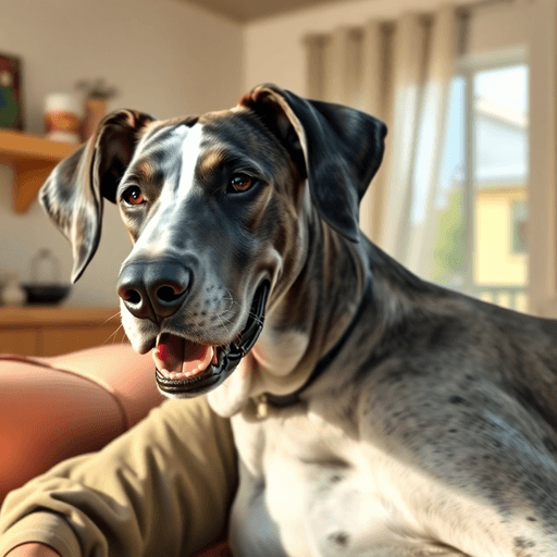 A joyful Great Dane leans against a smiling person in a warm home setting, showcasing their affectionate bond with perked floppy ears.