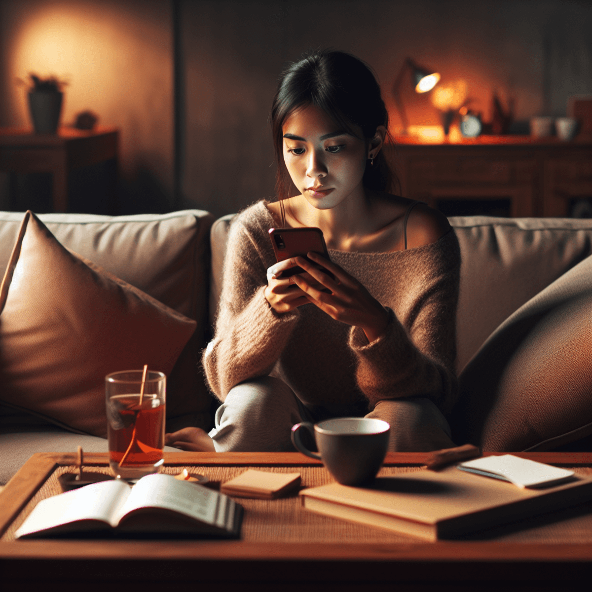 A young Asian woman with long black hair sits on a plush couch, deeply focused on her phone with a worried expression. The living room is cozy, illuminated by soft lighting that casts warm tones throughout. A steaming cup of tea rests on a wooden coffee table beside her, and a closed notebook is placed next to her on the couch, enhancing the self-care atmosphere.
