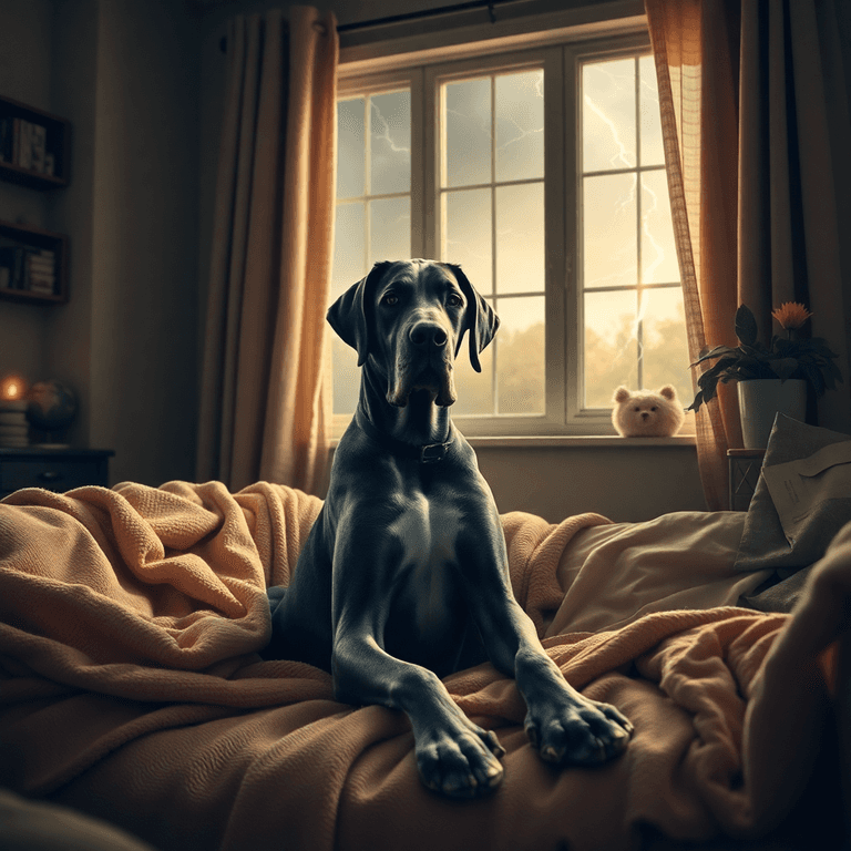 A Great Dane sitting calmly on soft blankets in a cozy room, with a hint of a thunderstorm visible through the window, creating a warm and tranquil atmosphere.