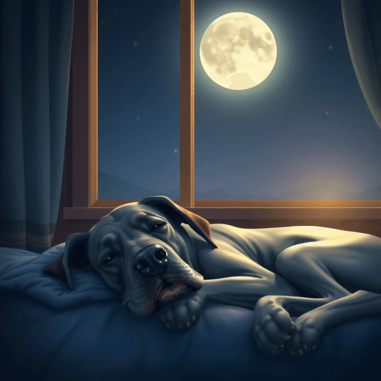 A Great Dane lies peacefully in a cozy room, bathed in soft moonlight, with a calm night sky visible through the window, evoking tranquility and warmth.