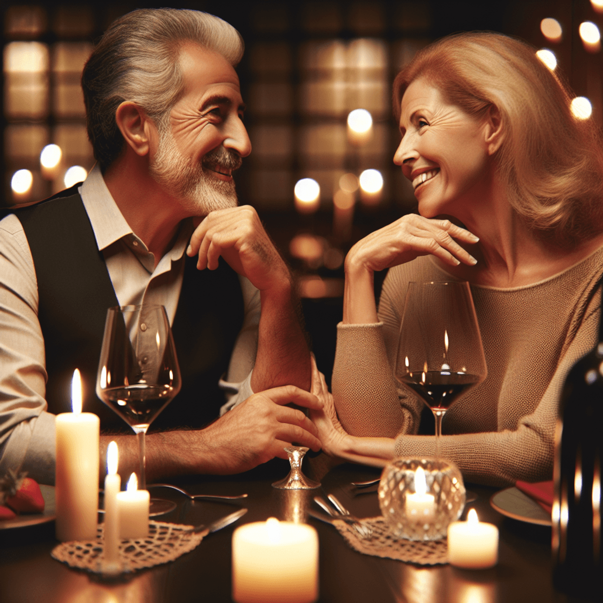 A mature Caucasian man and a Hispanic woman sit closely together at a candlelit restaurant table, their faces filled with joy and laughter as they engage in a deep conversation. The warm, diffused lighting creates an intimate atmosphere, highlighting their expressions. The table is elegantly set with dancing candles and fine wine glasses, enhancing the romantic ambiance of the scene.