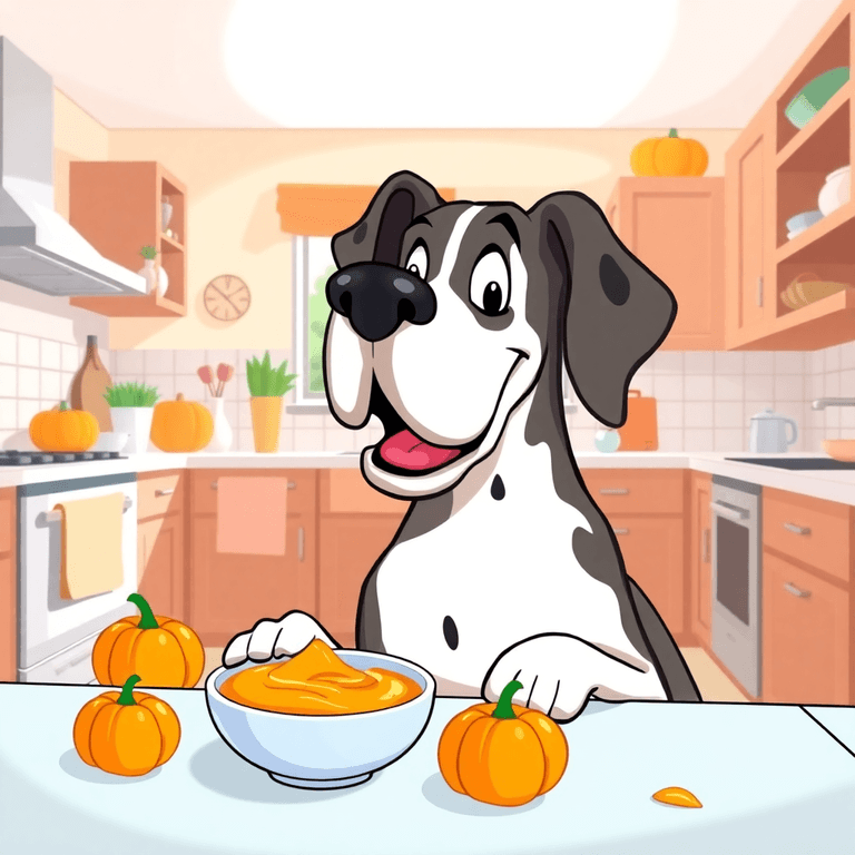 A cheerful cartoon Great Dane happily enjoying a bowl of pumpkin puree in a sunny kitchen, surrounded by vibrant pumpkins and playful elements.