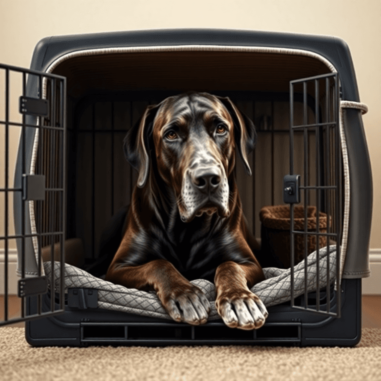 A Great Dane resting peacefully in a cozy crate, exuding calmness and comfort, with soft lighting highlighting its gentle demeanor and the inviting design of the crate.