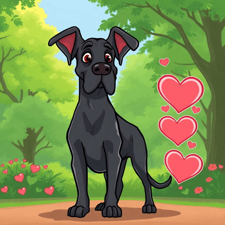 A cartoon-style Great Dane with a gentle expression stands proudly in a lush green park, surrounded by subtle heart symbols, conveying a message of love and care.