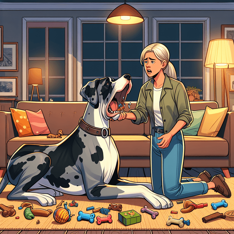 A cartoon-style illustration of a cozy living room with warm lighting and comfortable furniture. In the center, a Caucasian individual dressed casually kneels beside a distressed Great Dane, which has its mouth open as if choking. The floor is scattered with small household items like toys and bones, indicating potential choking hazards. The individual's anxious expression adds to the scene's urgency.