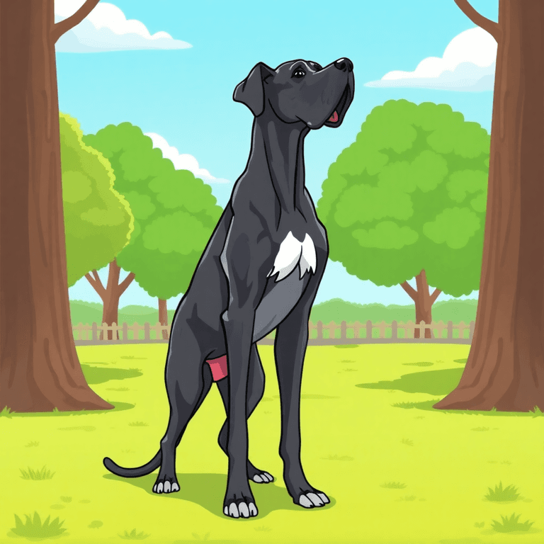 A cartoon-style Great Dane stands proudly in a lush green park, playfully exercising under a bright blue sky, surrounded by trees, embodying health and vitality.