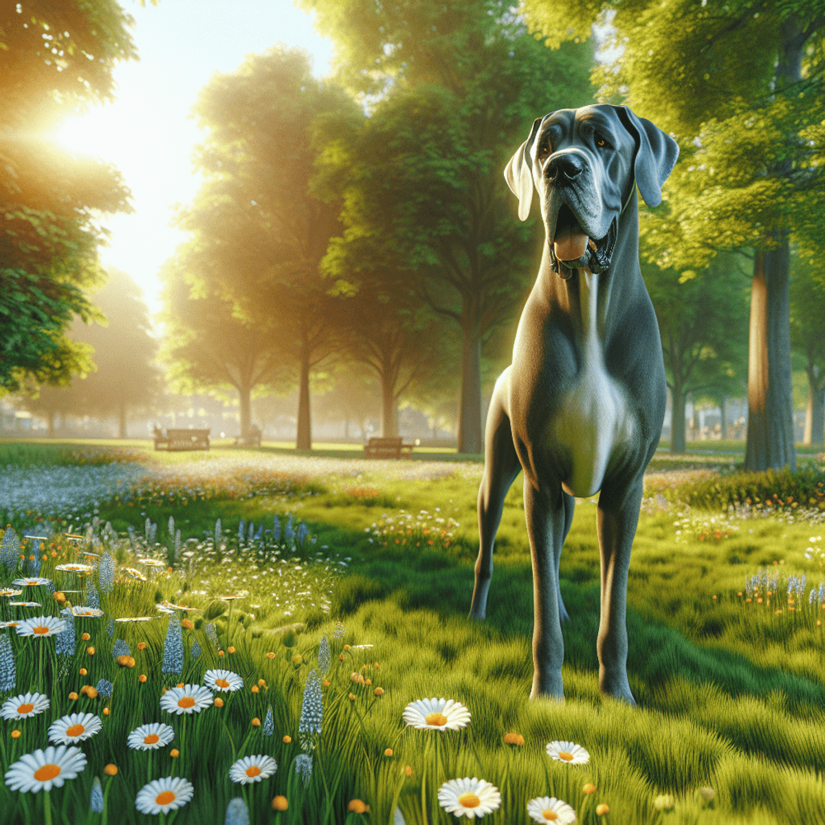 A majestic Great Dane stands proudly in a sunny park, showcasing its impressive size and gentle demeanor. The dog has an amiable expression, exuding tranquility and a protective aura. The serene setting features a carpet of leafy green grass, with white daisies and buttercups in the foreground, and tall, flourishing trees in the background, all bathed in warm sunlight.