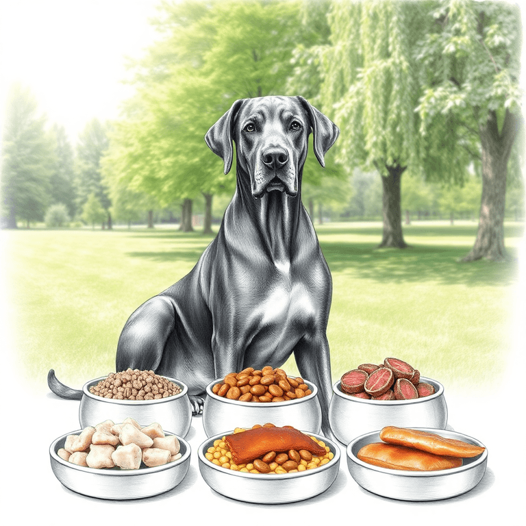 A majestic Great Dane sits proudly in a lush green park, surrounded by bowls of high-quality dog food, with sunshine creating a warm and inviting atmosphere.