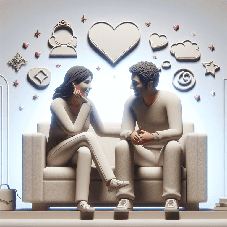 A 3D render depicting a Caucasian woman and a Hispanic man sitting closely in a cozy setting, sharing a joyful conversation. The background features soft, abstract symbols of love, such as hearts and dream-like elements, reflecting their emotional connection and shared aspirations for the future.