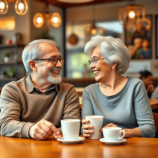 A joyful senior couple shares a light-hearted moment at a cozy café, smiling and engaging in conversation over coffee cups at a small table.