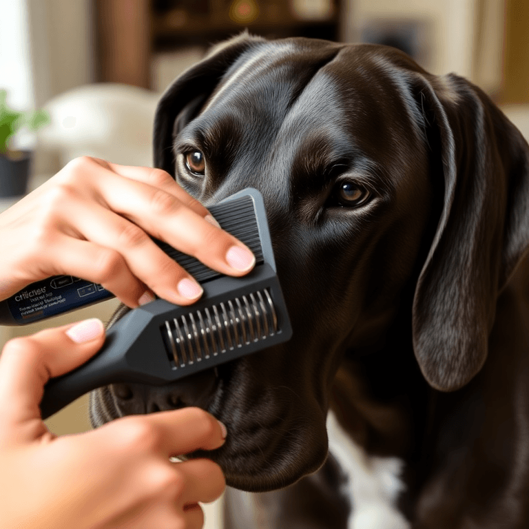 A close-up of a Great Dane being groomed, highlighting its shiny coat and the gentle interaction with the owner in a cozy home setting.