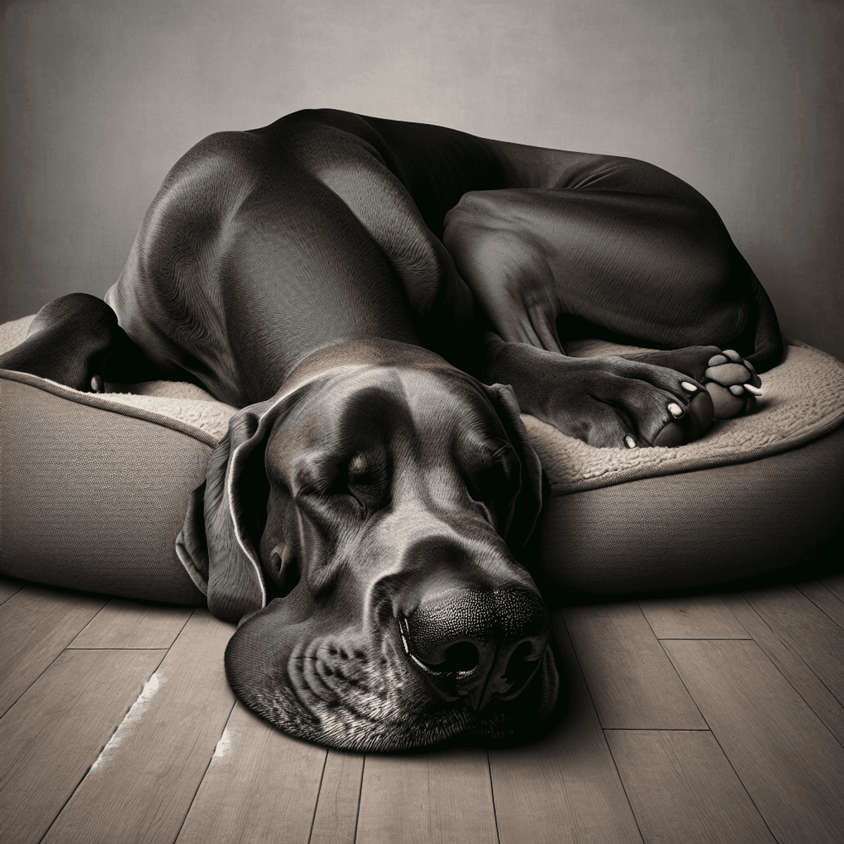 A Great Dane peacefully asleep on a plush dog bed, showcasing its long snout and saggy skin, surrounded by a cozy living room with soft lighting, warm colors, and a few personal items like a blanket and a toy, emphasizing the bond between the pet and its owner.