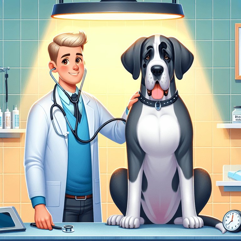 A cartoon-style illustration of a friendly Caucasian veterinarian in a white coat holding a stethoscope, examining a large Great Dane that sits calmly in a warmly lit clinic. The background features a cheerful ambiance with various colors, and scattered veterinary tools like a pet scale and examination table, creating a professional work atmosphere.