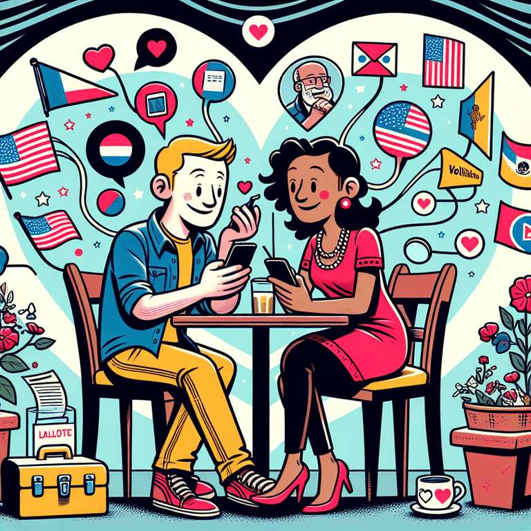 A cartoon-style image of a Caucasian man and a Hispanic woman sitting together at a café, both smiling and engaged in a lively conversation while looking at their mobile phones. Surrounding them are colorful symbols representing various political ideologies, including flags, ballot boxes, and hearts, illustrating the intersection of politics and romance. The scene conveys a sense of unity and understanding despite their differing political perspectives.