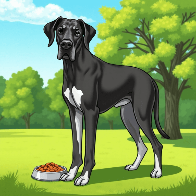 A cartoon-style Great Dane stands in a lush green park under a bright blue sky, showcasing its size and gentle demeanor, with a bowl of dog food nearby.
