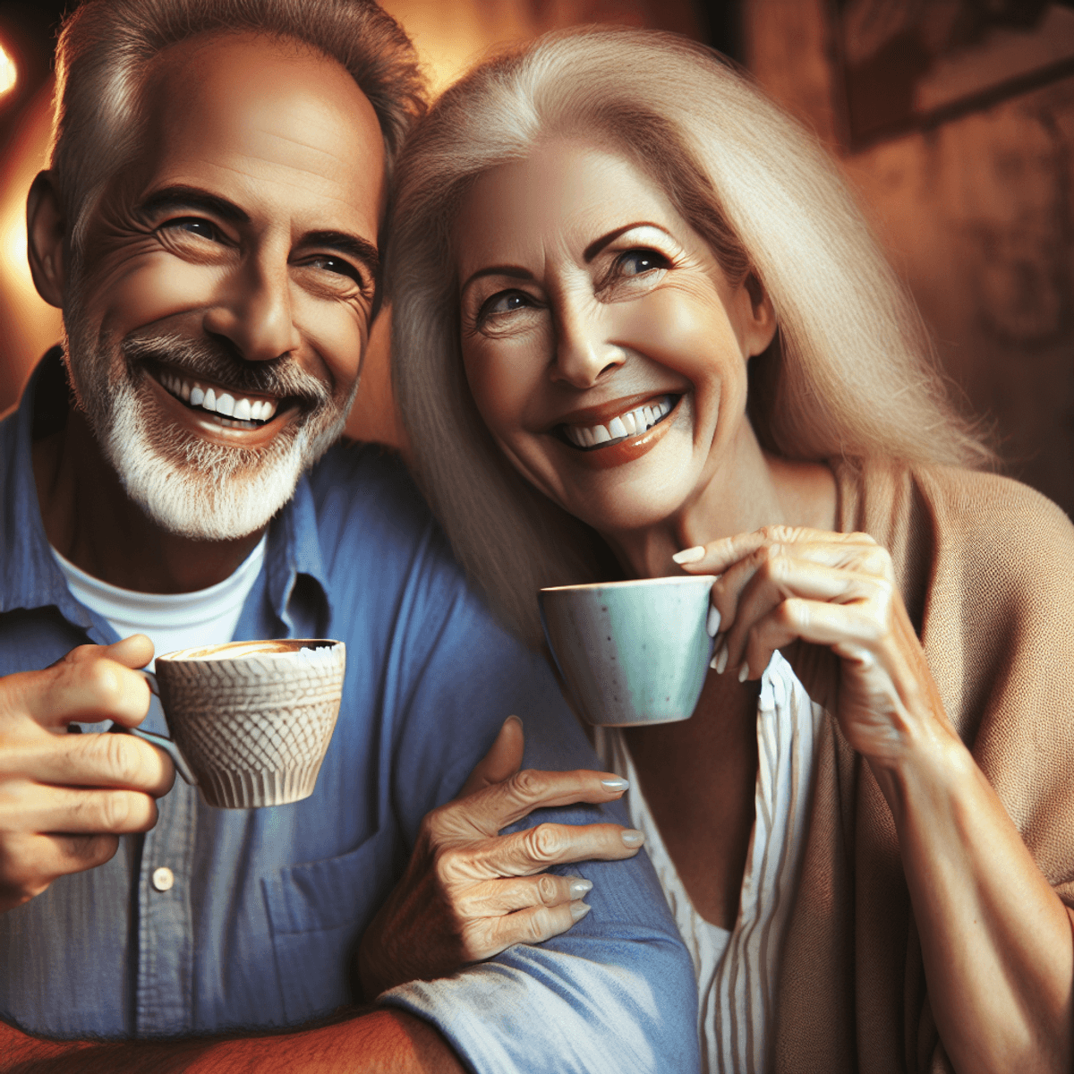 A mature Caucasian man and Hispanic woman sit at a small, round table in a cozy café, both smiling joyfully as they sip from steaming coffee mugs. The warm lighting creates an inviting atmosphere, with soft shadows and hints of greenery in the background. Their body language conveys intimacy and companionship, as they lean slightly towards each other, surrounded by decorative elements like heart-shaped coasters and a vase with fresh flowers on the table.