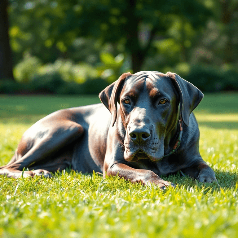 A Great Dane lies peacefully on a grassy lawn, its shiny coat glistening in the soft sunlight filtering through trees, embodying tranquility and care.