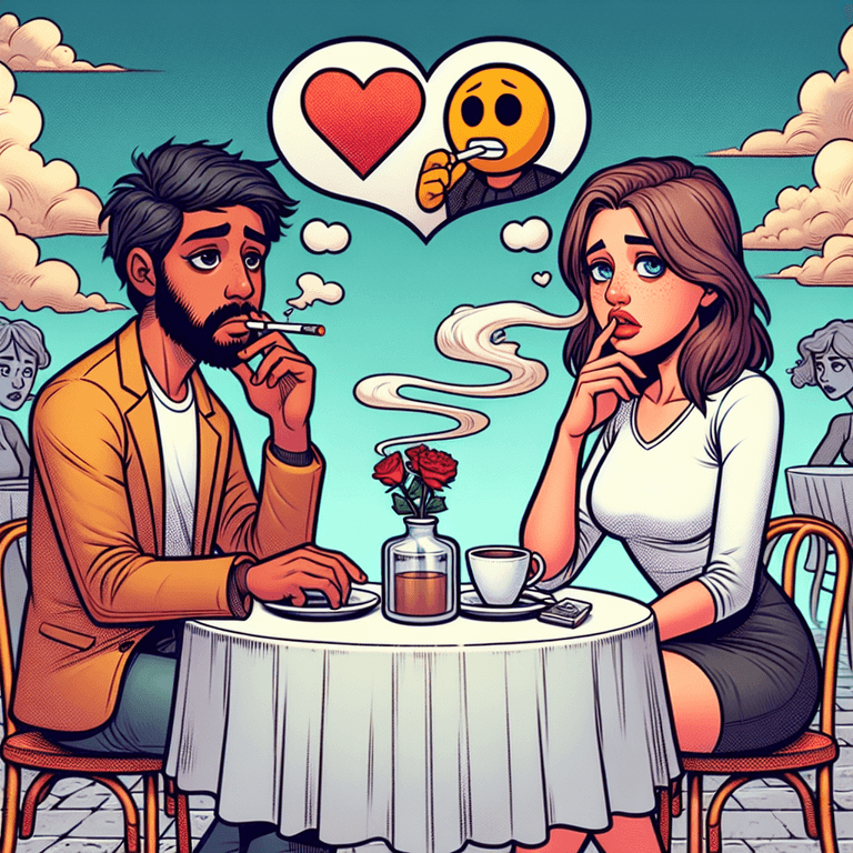 A cartoon-style illustration of a Hispanic individual holding a smoking cigarette and a Caucasian individual with a concerned yet supportive expression, sitting at a café table. Between them are swirling smoke clouds and heart shapes symbolizing the complexities of their relationship. The vibrant background features lively café elements, capturing the essence of social interactions and intimate connections.