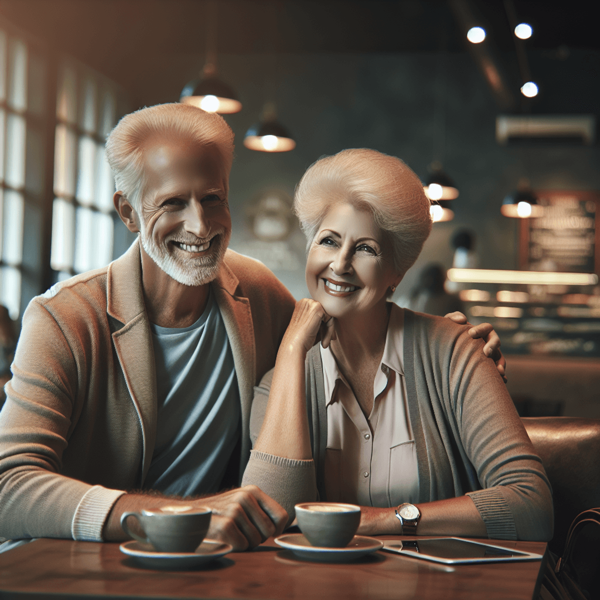 A jovial senior couple, one Caucasian and one Hispanic, are seated in a cozy café with warm, mellow lighting. They are smiling at each other, engaged in a light-hearted conversation, embodying companionship and connection. The café's inviting atmosphere enhances the portrayal of their joyful interaction, reflecting the theme of senior citizens exploring online dating.