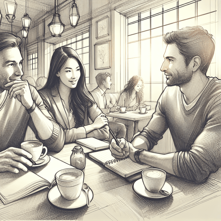 A pencil sketch of a cozy café scene featuring three individuals of diverse descents - a Caucasian man, a Hispanic woman, and an Asian woman - deeply engaged in conversation at a table adorned with coffee cups and notebooks, embodying themes of romance and introspection regarding dating expectations. The warm lighting adds to the inviting atmosphere.