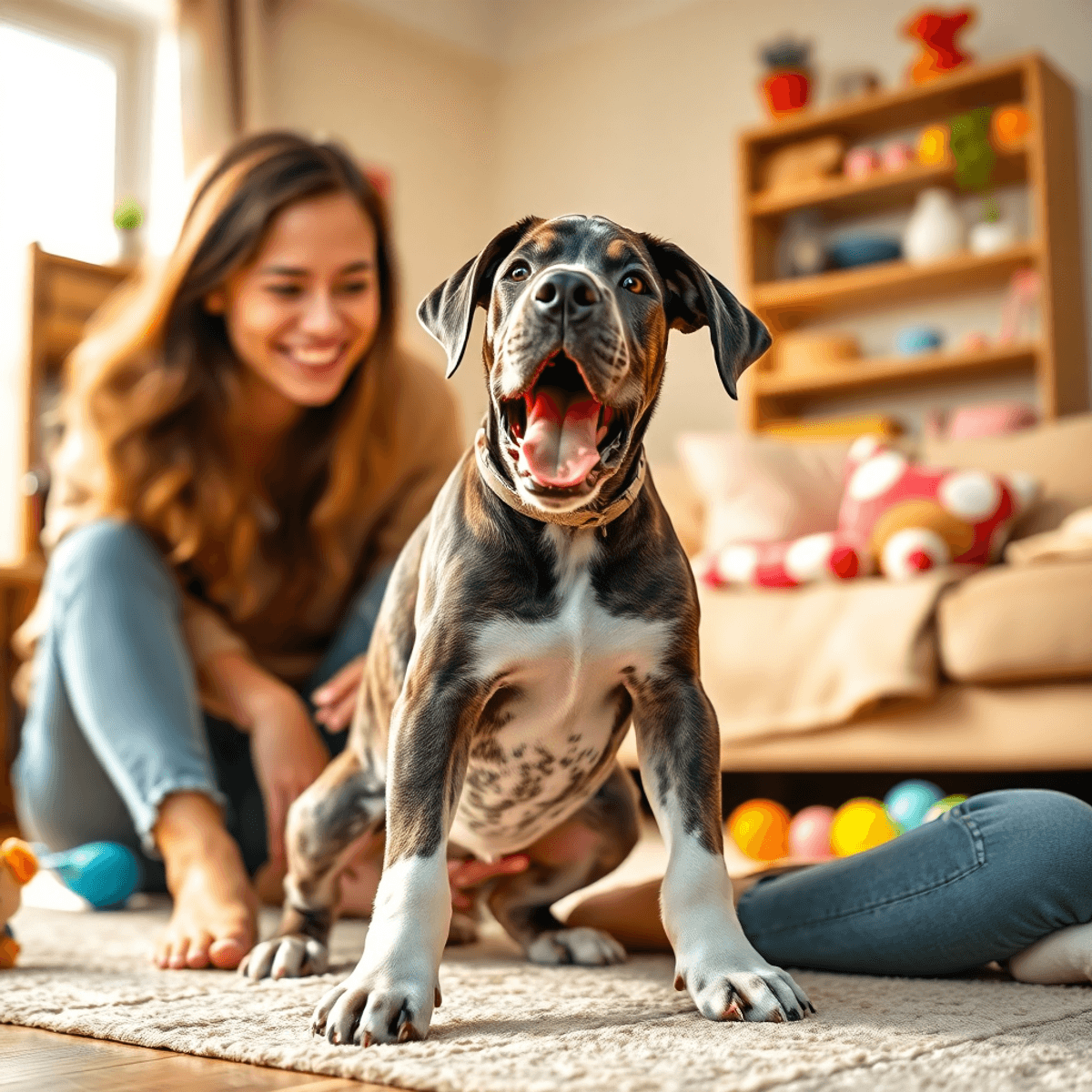 A playful Great Dane puppy nips at the ankles of a smiling person in a bright home filled with toys, highlighting their joyful interaction in a cozy living space.