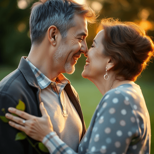 Two seniors share a tender kiss in a serene outdoor setting, surrounded by soft greenery and warm sunlight, radiating love and intimacy.